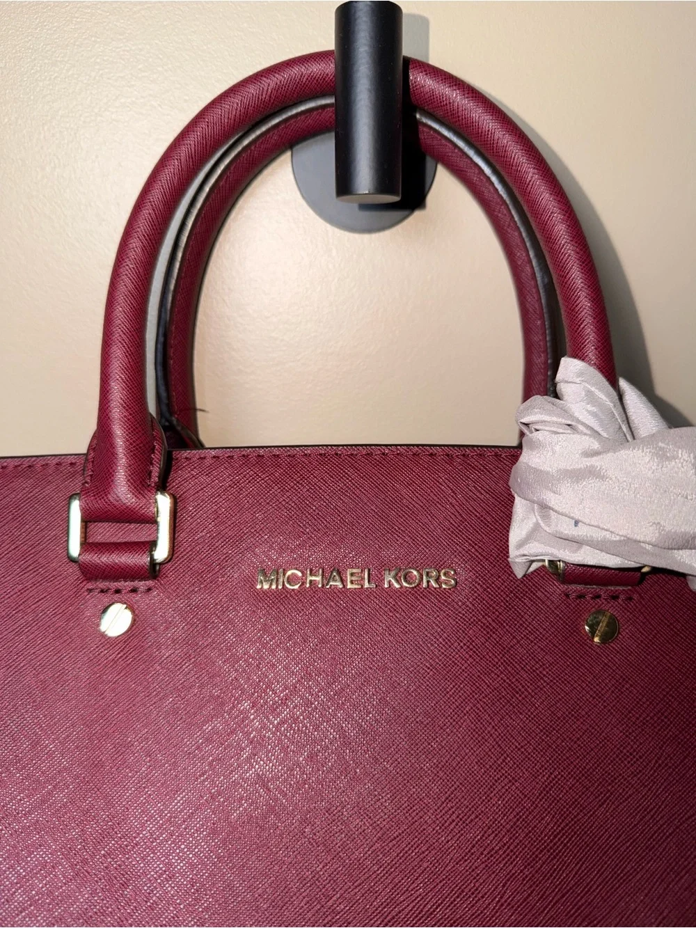 Michael Kors Wine Saffiano Leather Satchel with Scarf Accent